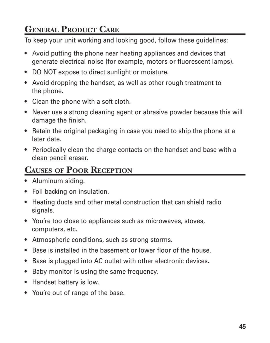 GE 27959 manual General Product Care, Causes of Poor Reception 