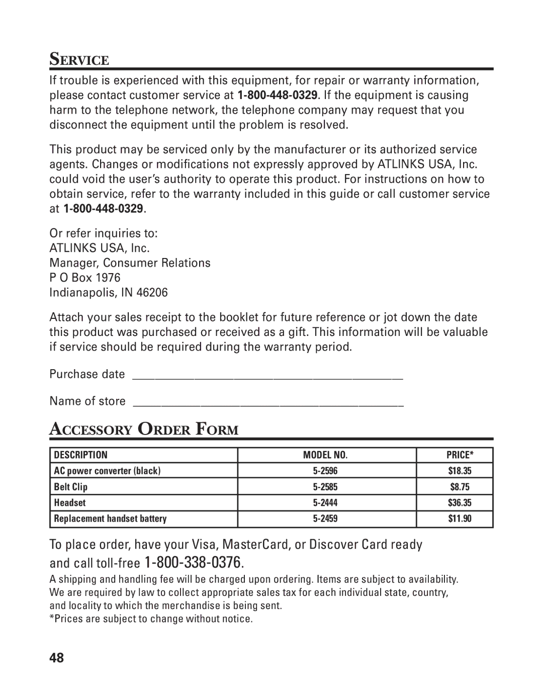 GE 27959 manual Service, Accessory Order Form 