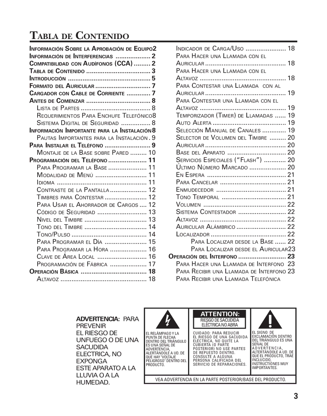 GE 27959 manual Tabla DE Contenido, Indicador DE CARGA/USO 