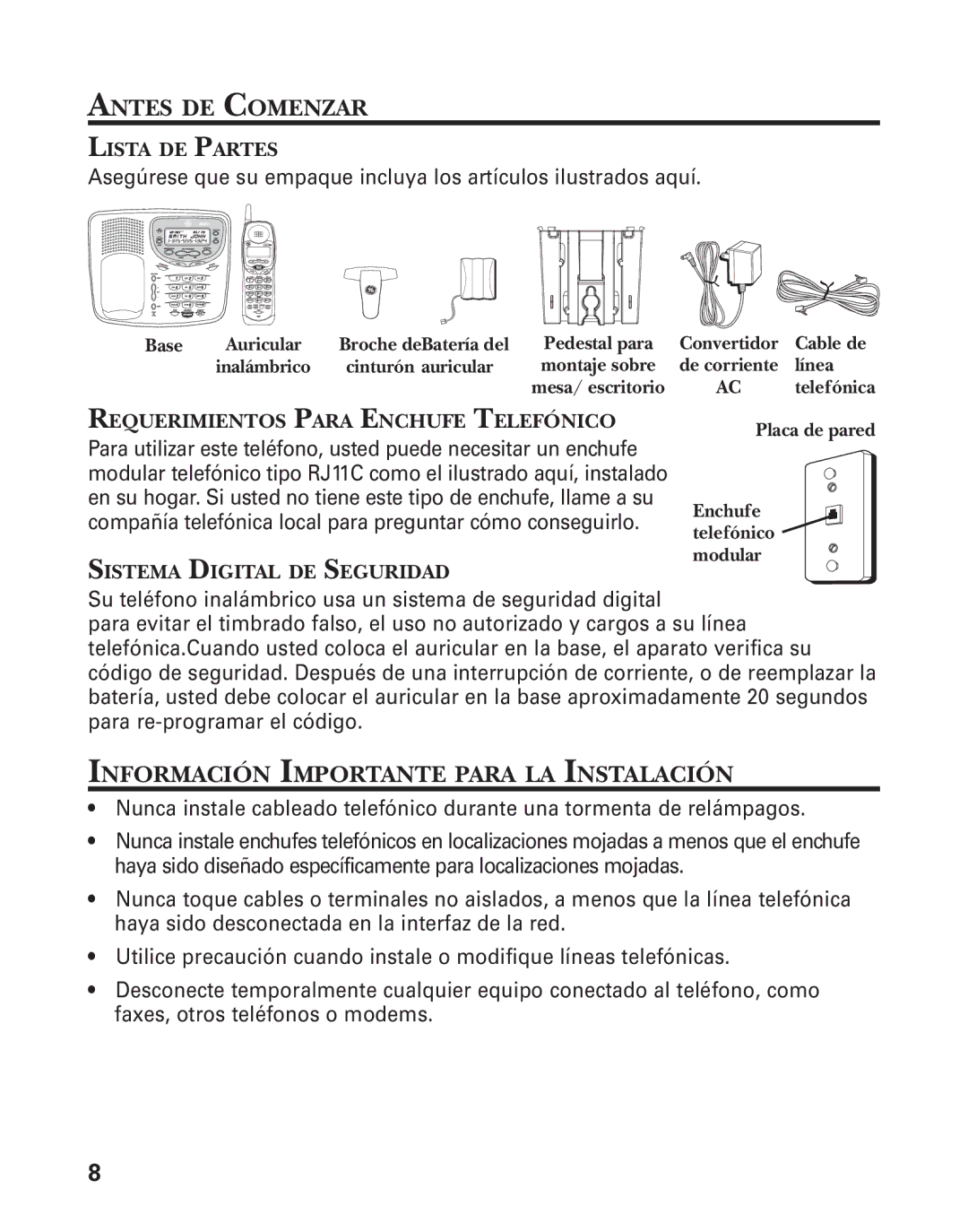 GE 27959 Antes DE Comenzar, Información Importante Para LA Instalación, Lista DE Partes, Sistema Digital DE Seguridad 