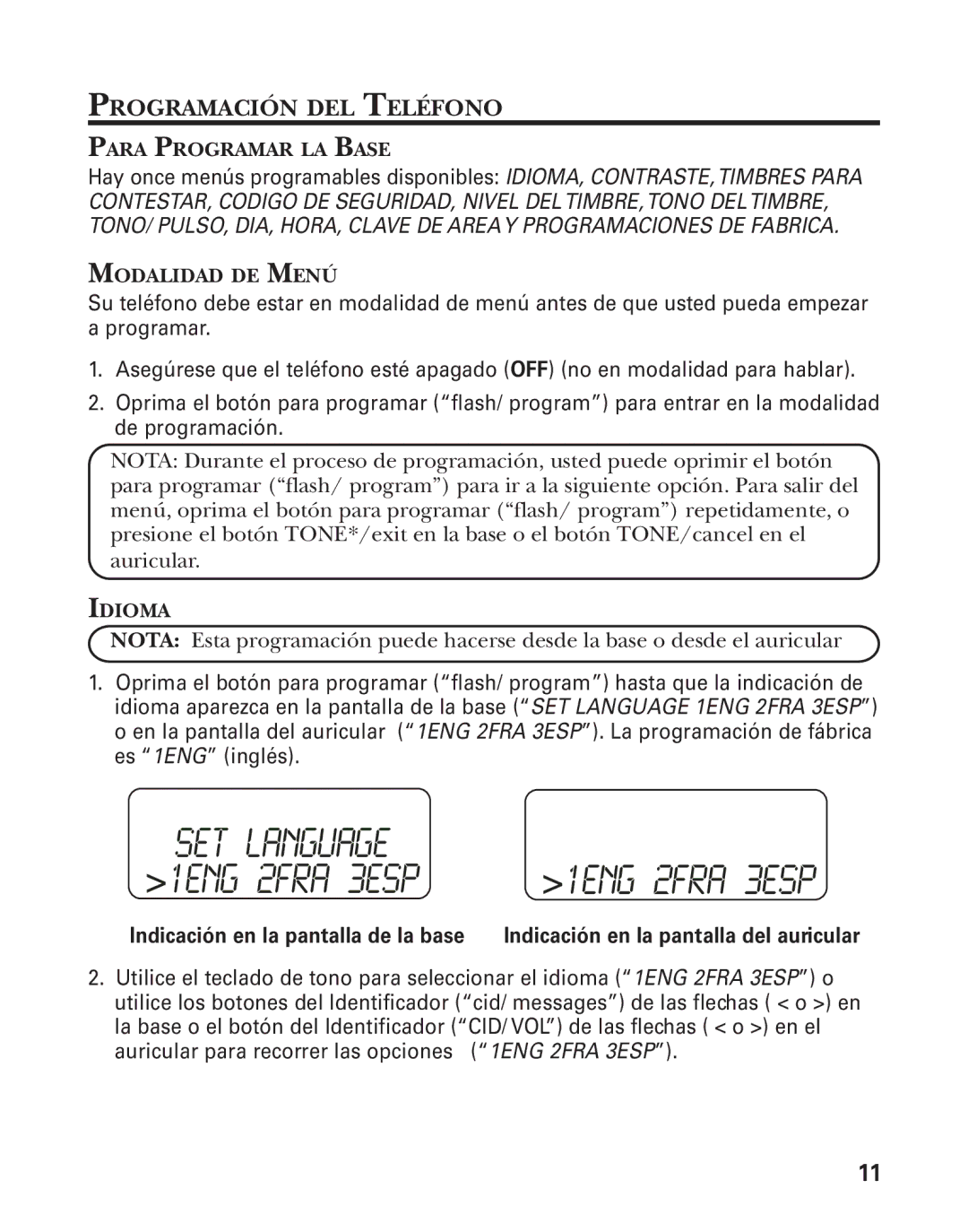 GE 27959 manual Programación DEL Teléfono, Para Programar LA Base, Modalidad DE Menú, Idioma 