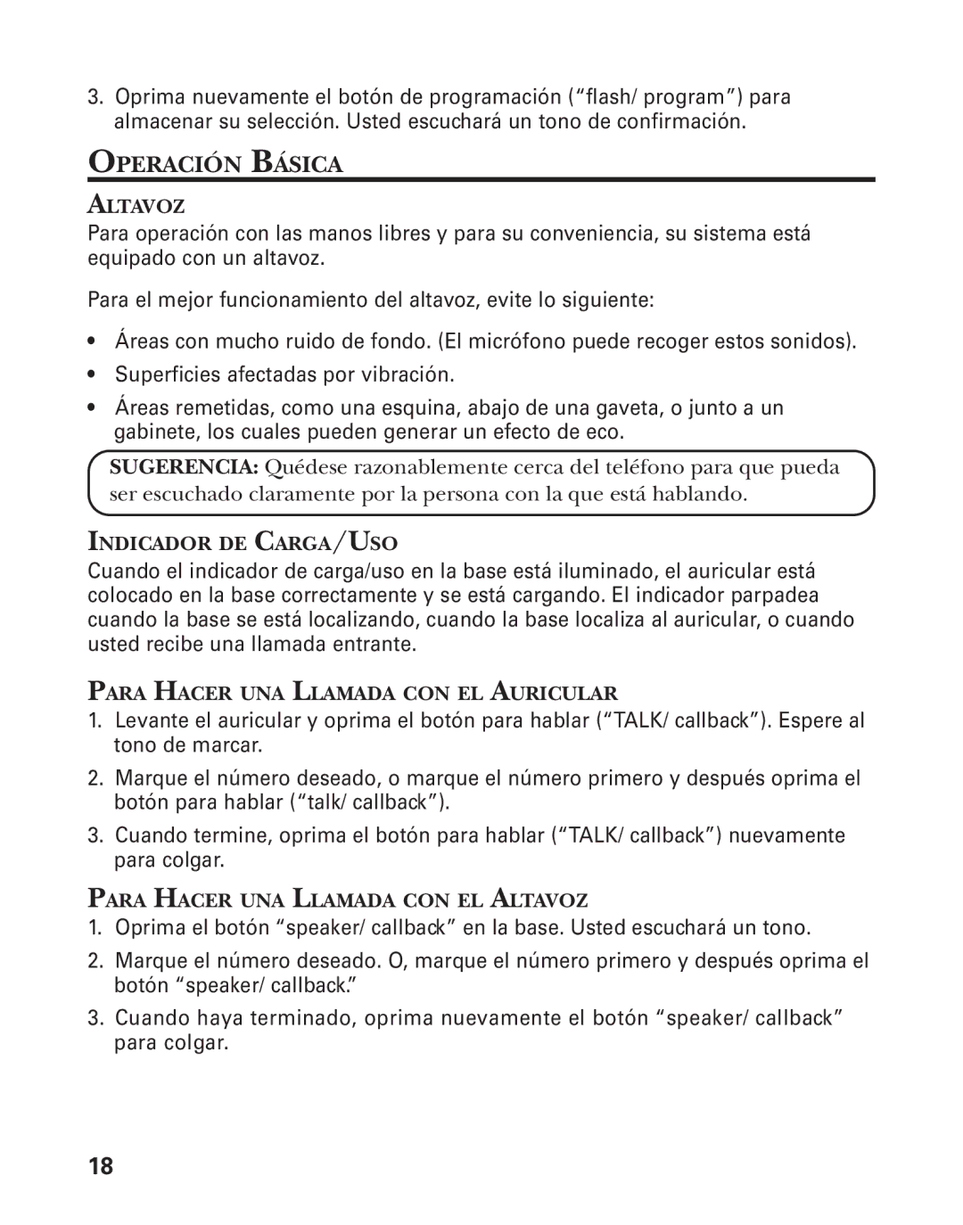 GE 27959 manual Operación Básica, Altavoz, Indicador DE CARGA/USO, Para Hacer UNA Llamada CON EL Auricular 