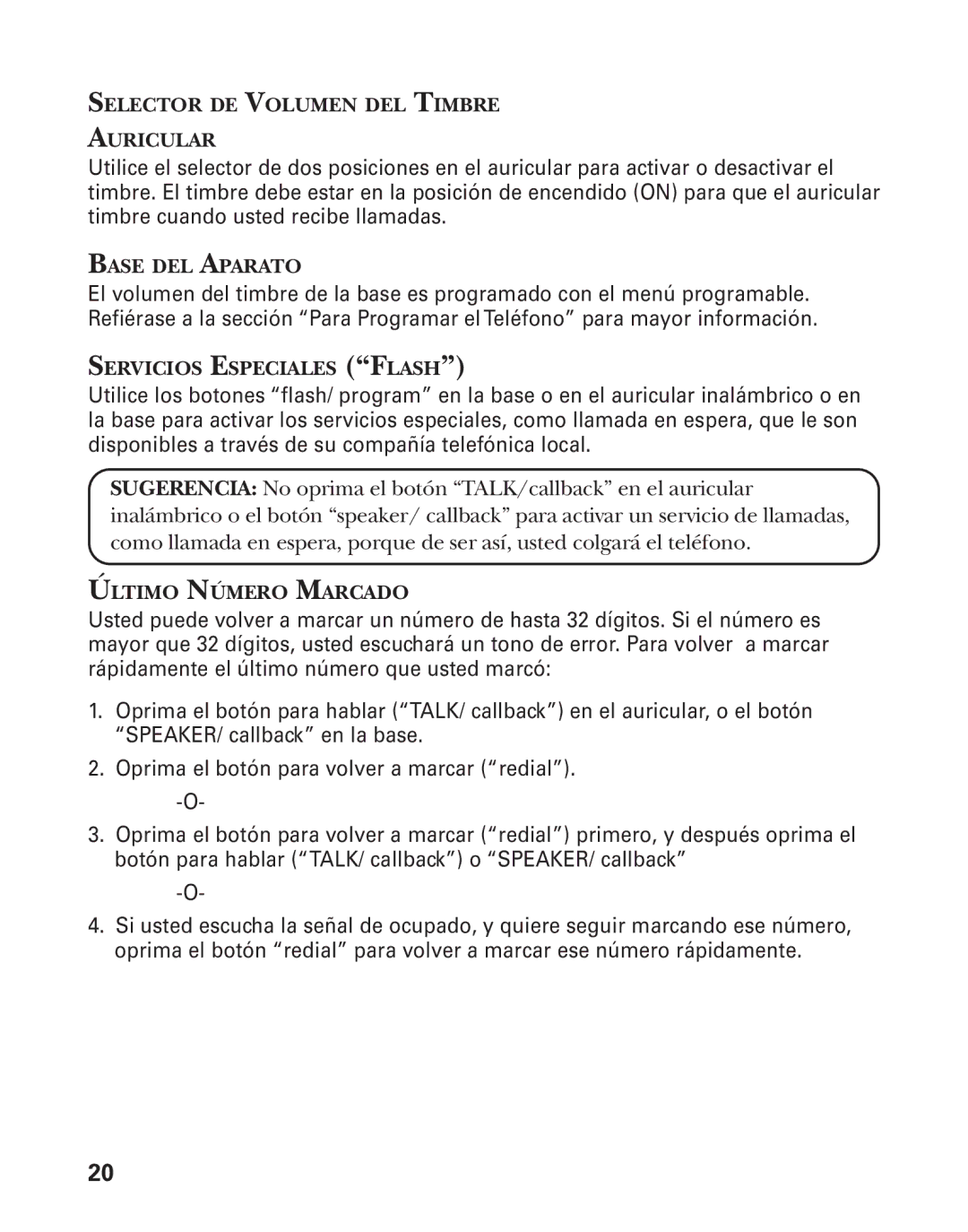GE 27959 Selector DE Volumen DEL Timbre Auricular, Base DEL Aparato, Servicios Especiales Flash, Último Número Marcado 