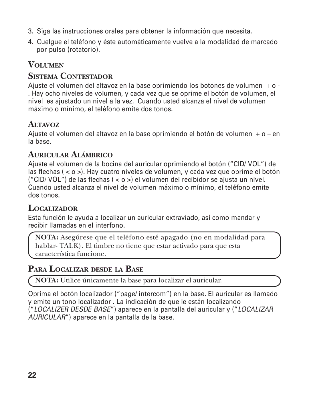 GE 27959 manual Volumen Sistema Contestador, Auricular Alámbrico, Localizador, Para Localizar Desde LA Base 