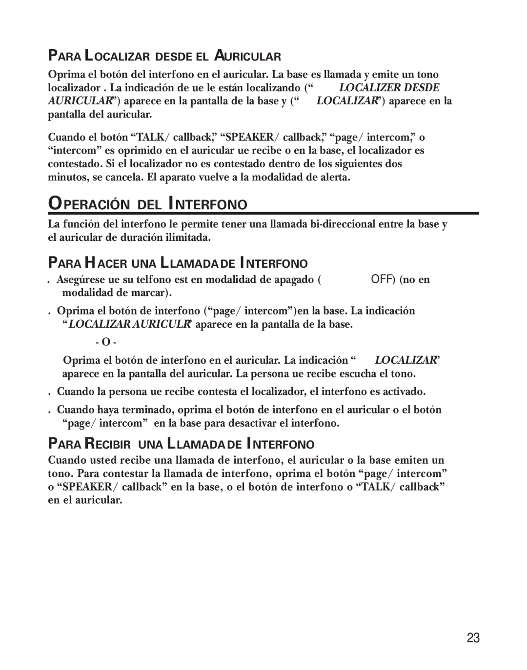 GE 27959 manual Operación DEL Interfono, Para Localizar Desde EL Auricular, Para Hacer UNA Llamada DE Interfono 