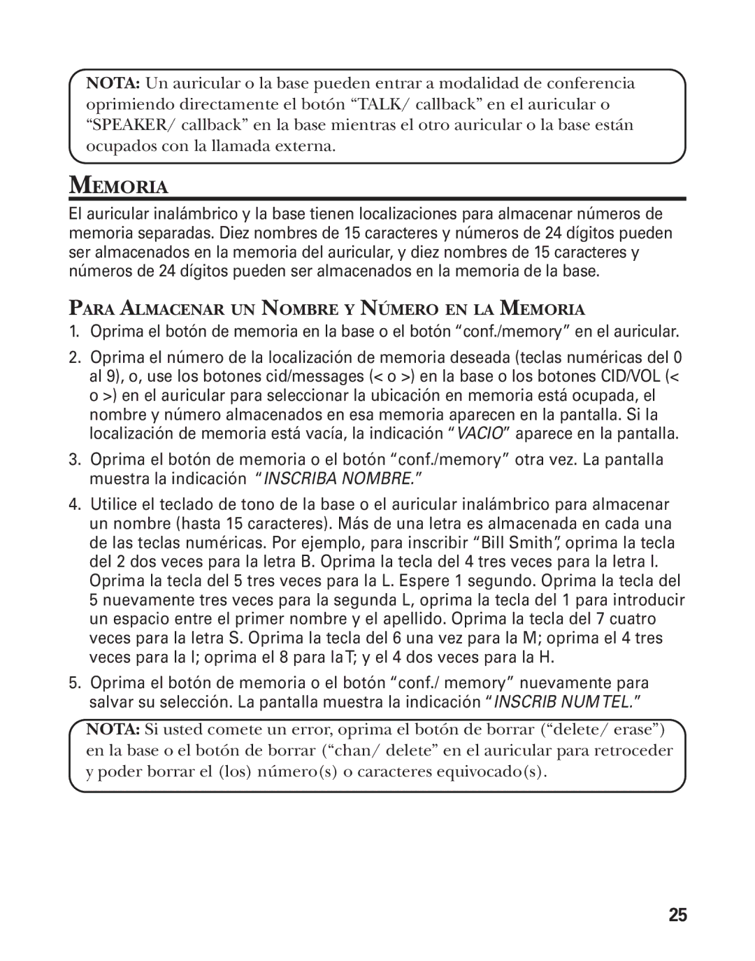 GE 27959 manual Para Almacenar UN Nombre Y Número EN LA Memoria 