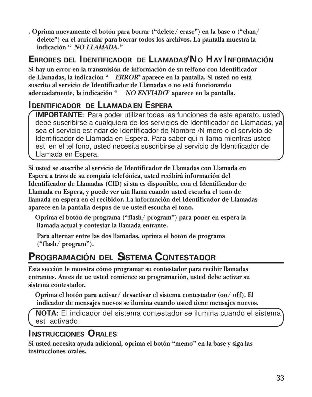 GE 27959 manual Programación DEL Sistema Contestador, Errores DEL Identificador DE LLAMADAS/NO HAY Información 