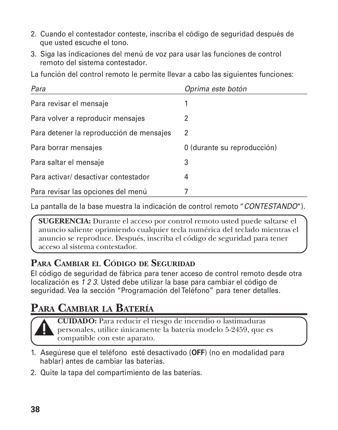 GE 27959 manual Para Cambiar LA Batería, Para Cambiar EL Código DE Seguridad 