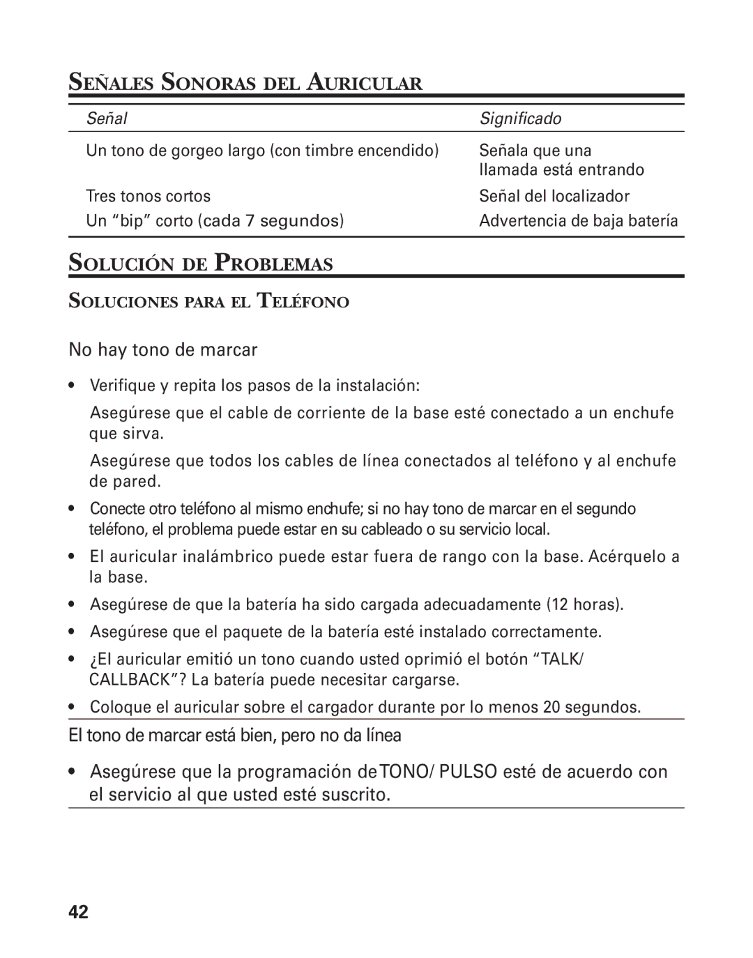 GE 27959 manual Señales Sonoras DEL Auricular, Soluciones Para EL Teléfono 