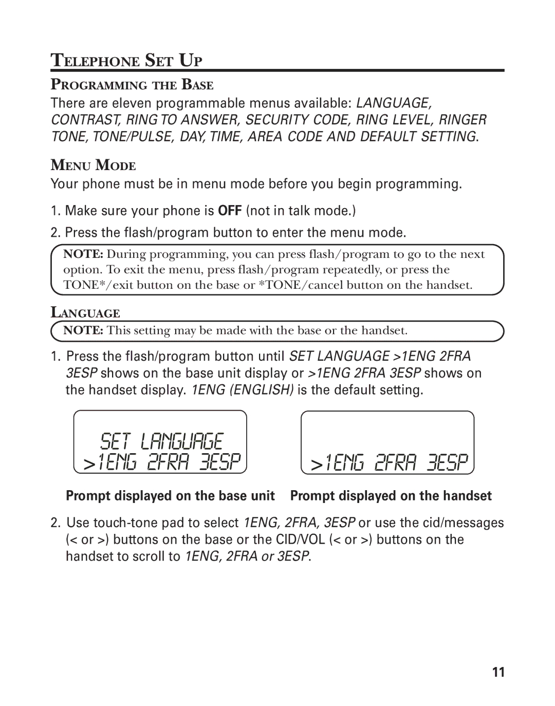 GE 27959 manual Telephone SET UP, Programming the Base, Menu Mode, Language 