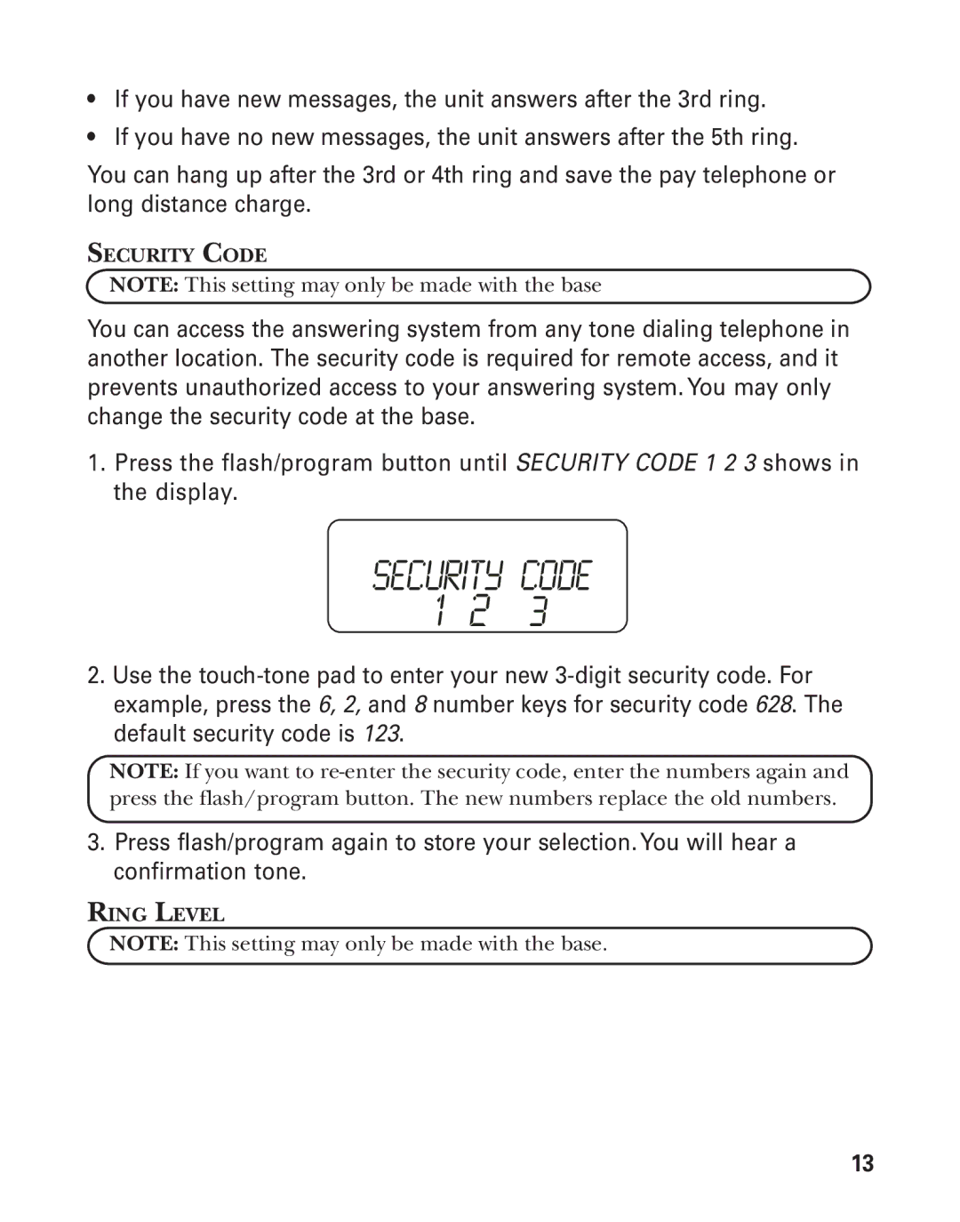 GE 27959 manual Security Code, Ring Level 