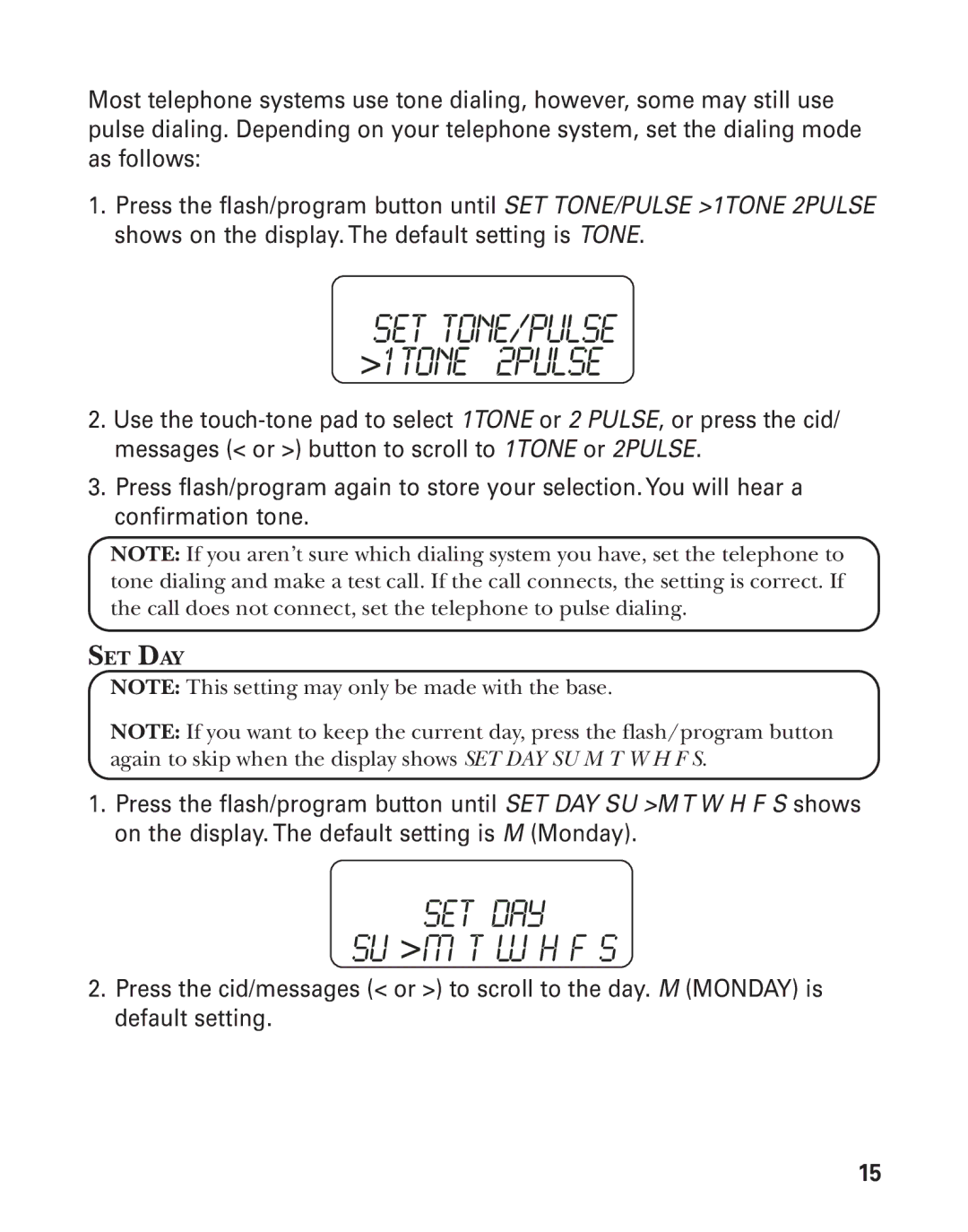 GE 27959 manual SET TONE/PULSE 1TONE 2PULSE, Set Day 