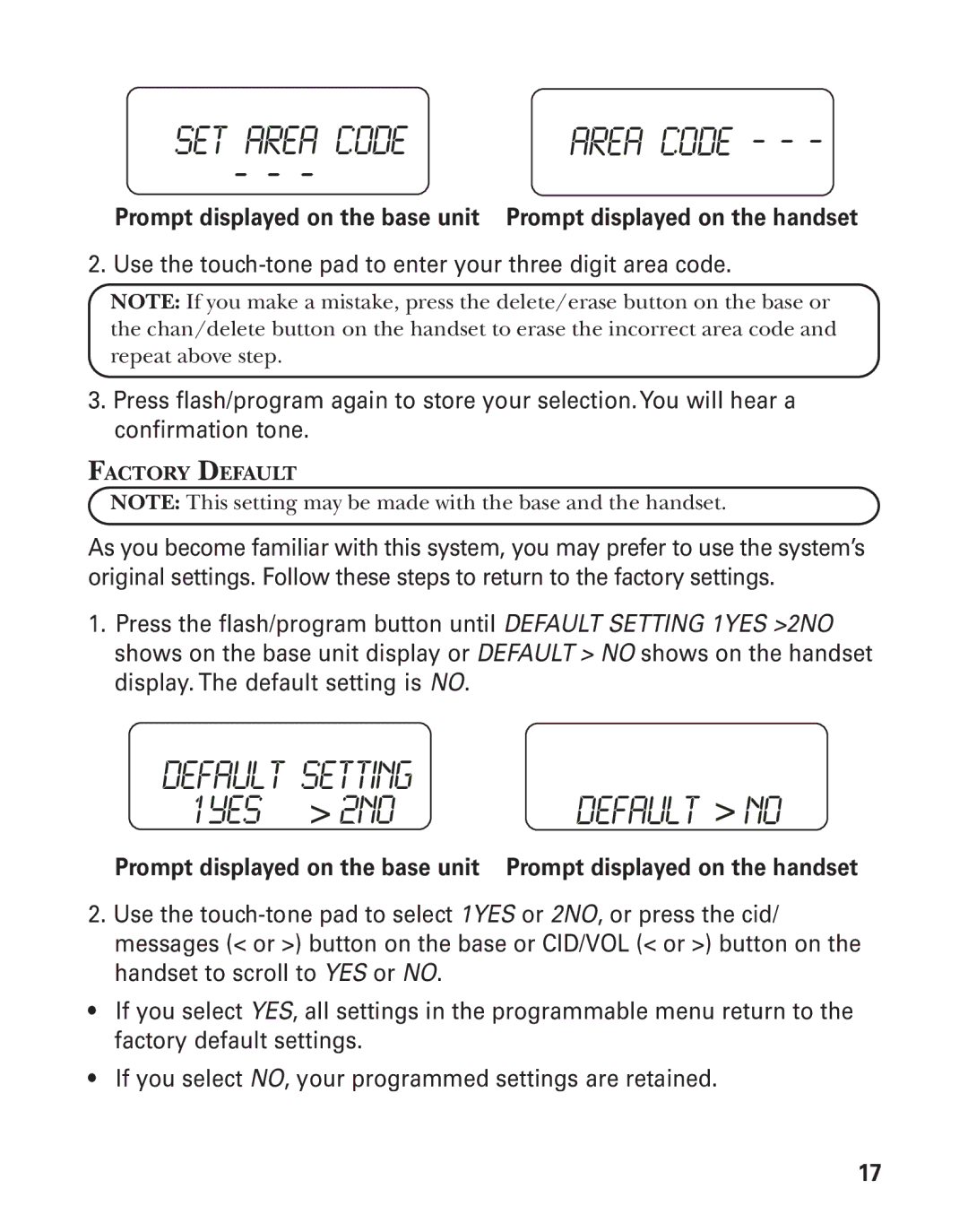 GE 27959 manual SET Area Code, Factory Default 