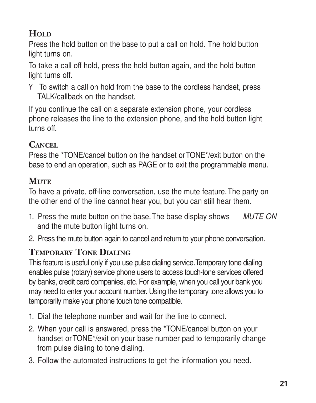 GE 27959 manual Hold, Cancel, Mute, Temporary Tone Dialing 