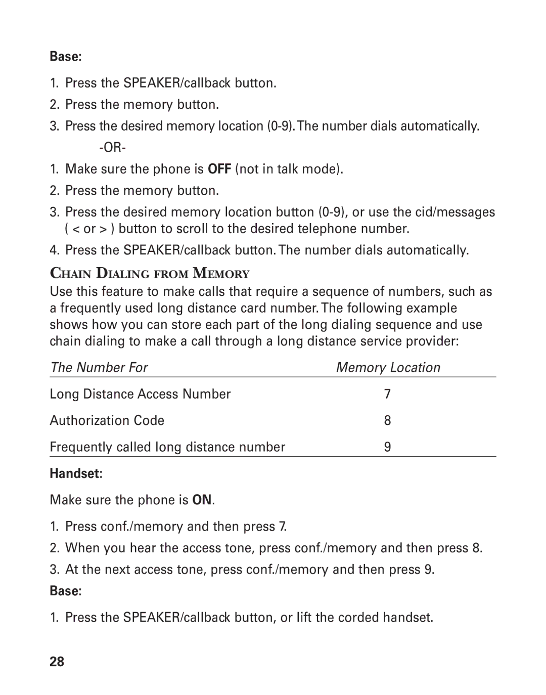 GE 27959 manual Base, Chain Dialing from Memory 