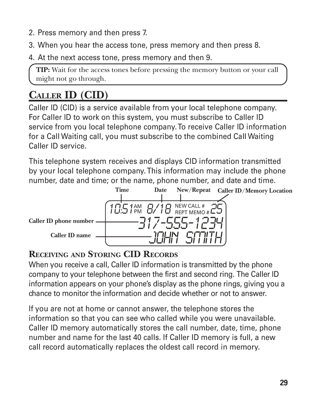 GE 27959 manual Caller ID CID, Receiving and Storing CID Records 