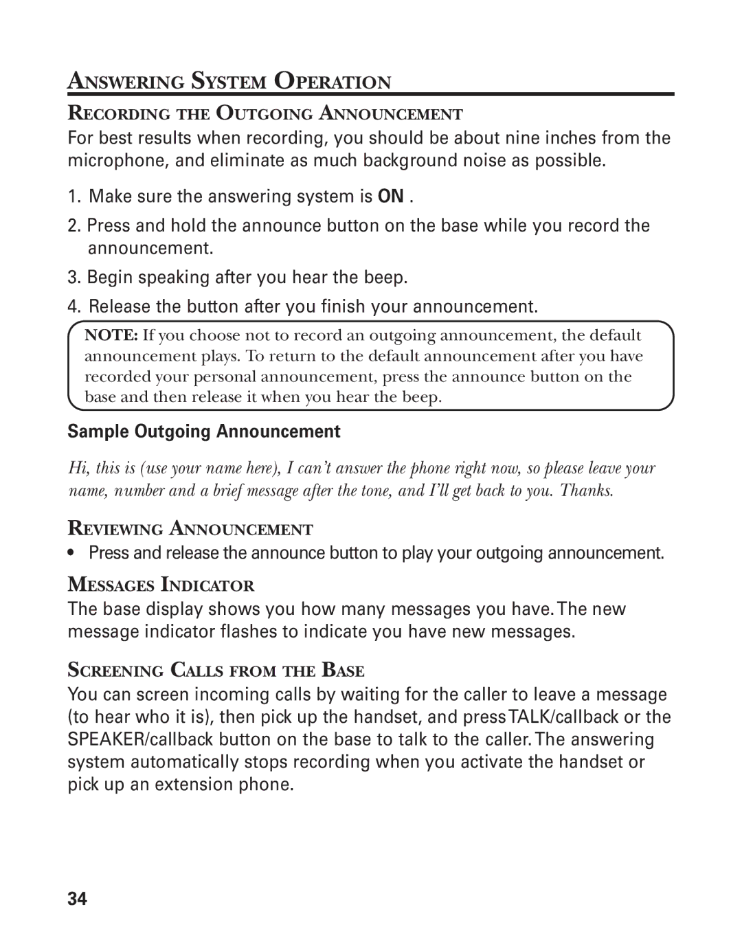 GE 27959 manual Answering System Operation, Recording the Outgoing Announcement, Reviewing Announcement, Messages Indicator 