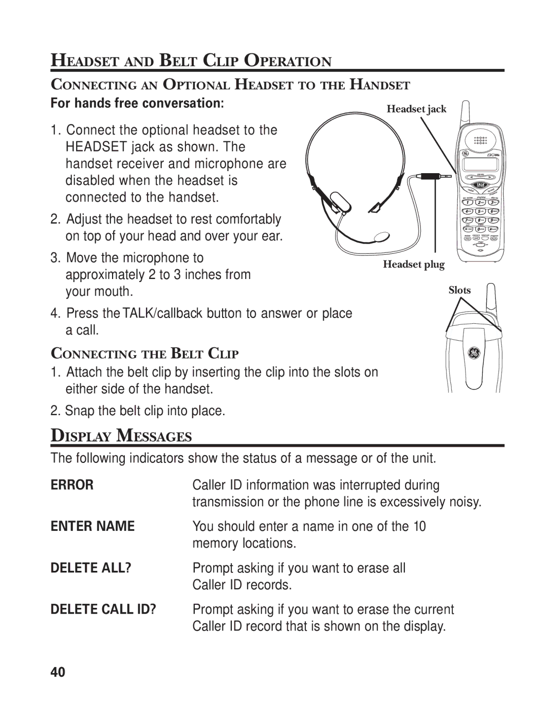 GE 27959 manual Headset and Belt Clip Operation, Display Messages, Connecting AN Optional Headset to the Handset 