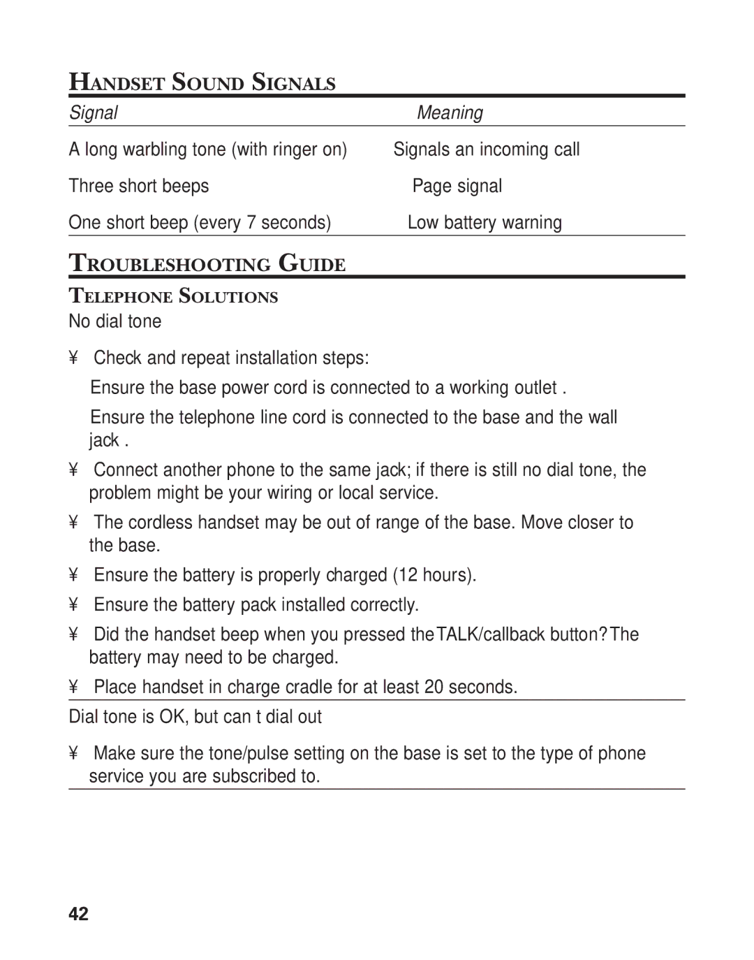 GE 27959 manual Handset Sound Signals, Troubleshooting Guide 