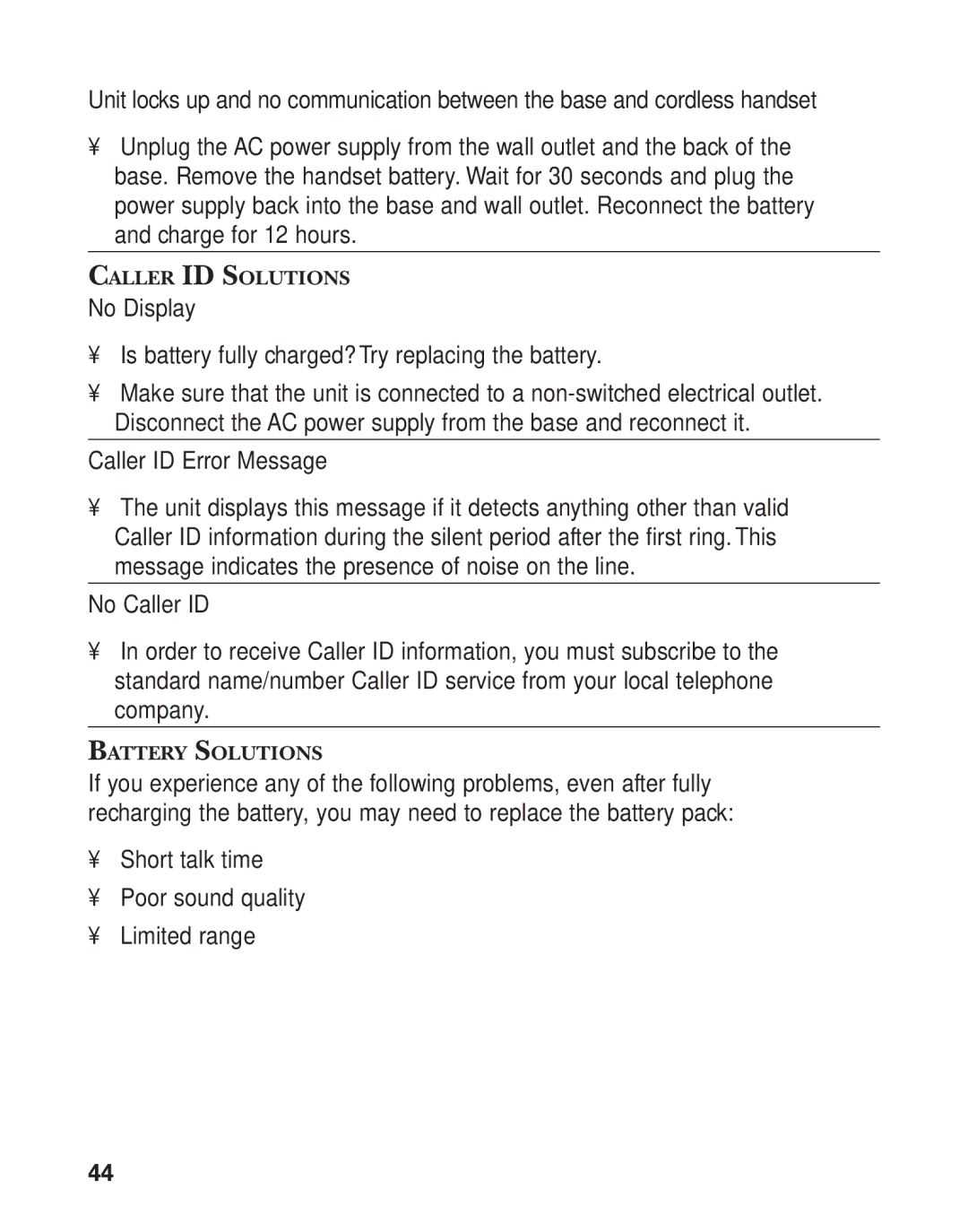 GE 27959 manual Caller ID Solutions, Battery Solutions 