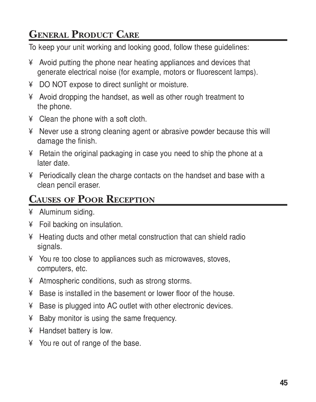 GE 27959 manual General Product Care, Causes of Poor Reception 