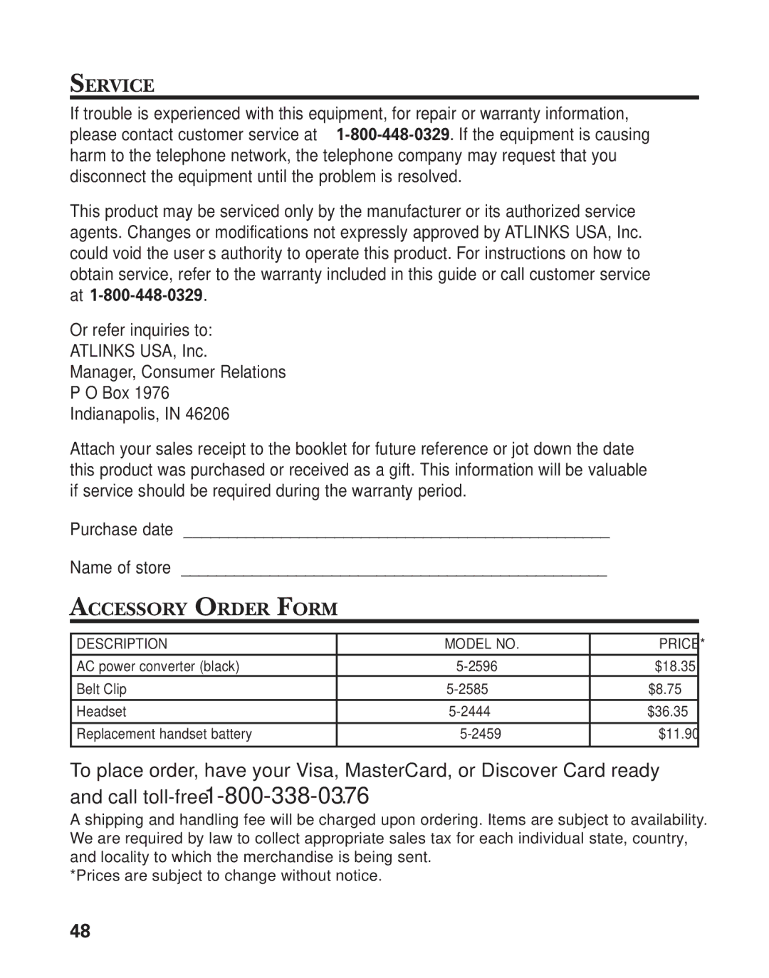 GE 27959 manual Service, Accessory Order Form 