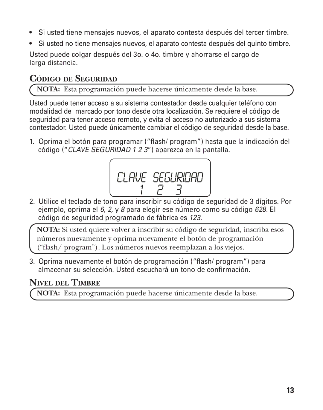 GE 27959 manual Código DE Seguridad, Nivel DEL Timbre 