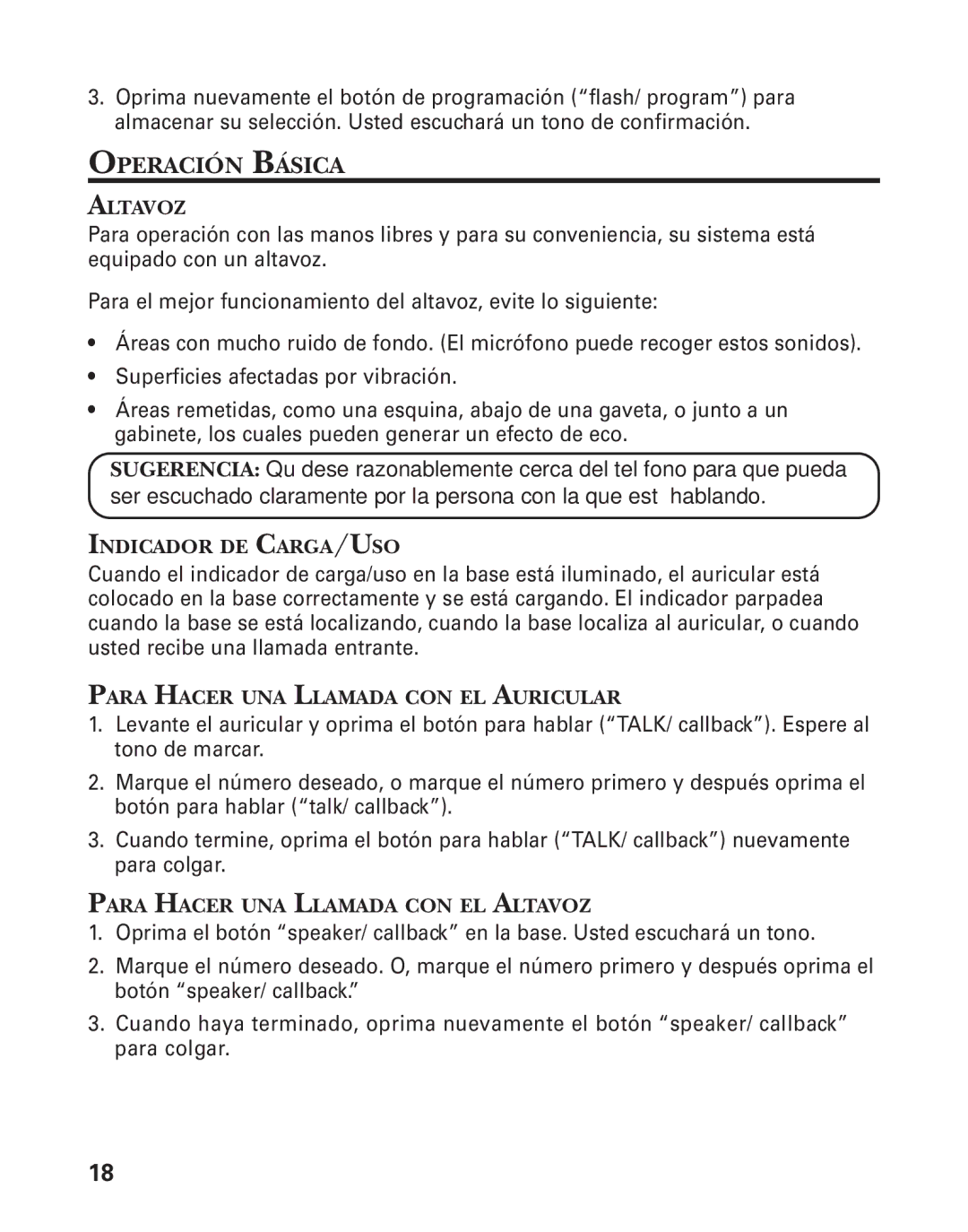 GE 27959 manual Operación Básica, Altavoz, Indicador DE CARGA/USO, Para Hacer UNA Llamada CON EL Auricular 