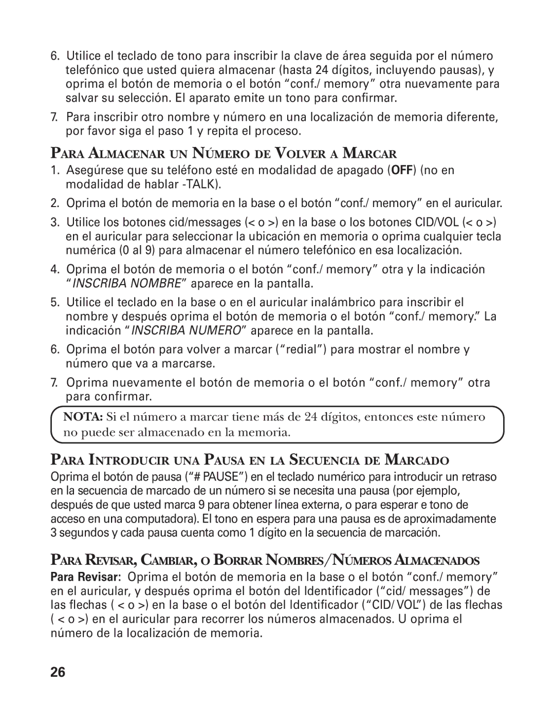 GE 27959 manual Para Almacenar UN Número DE Volver a Marcar, Para Introducir UNA Pausa EN LA Secuencia DE Marcado 