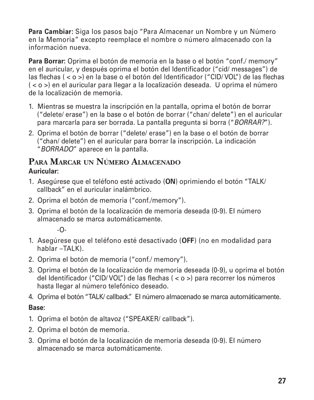 GE 27959 manual Auricular, Para Marcar UN Número Almacenado 