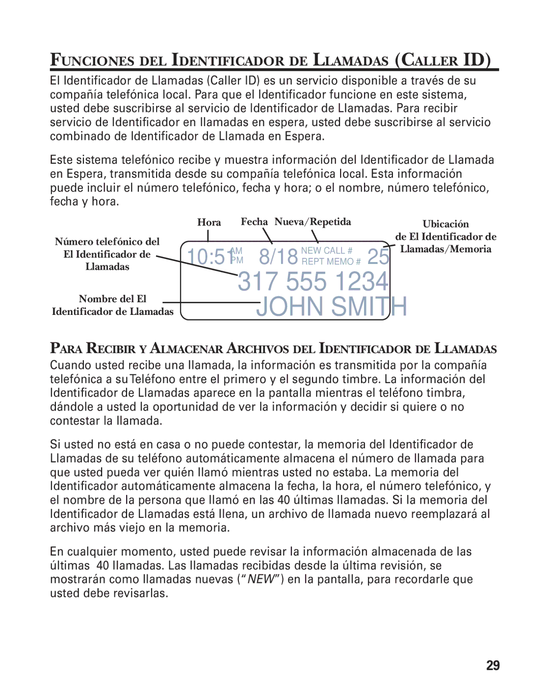 GE 27959 manual John Smith, Funciones DEL Identificador DE Llamadas Caller ID 