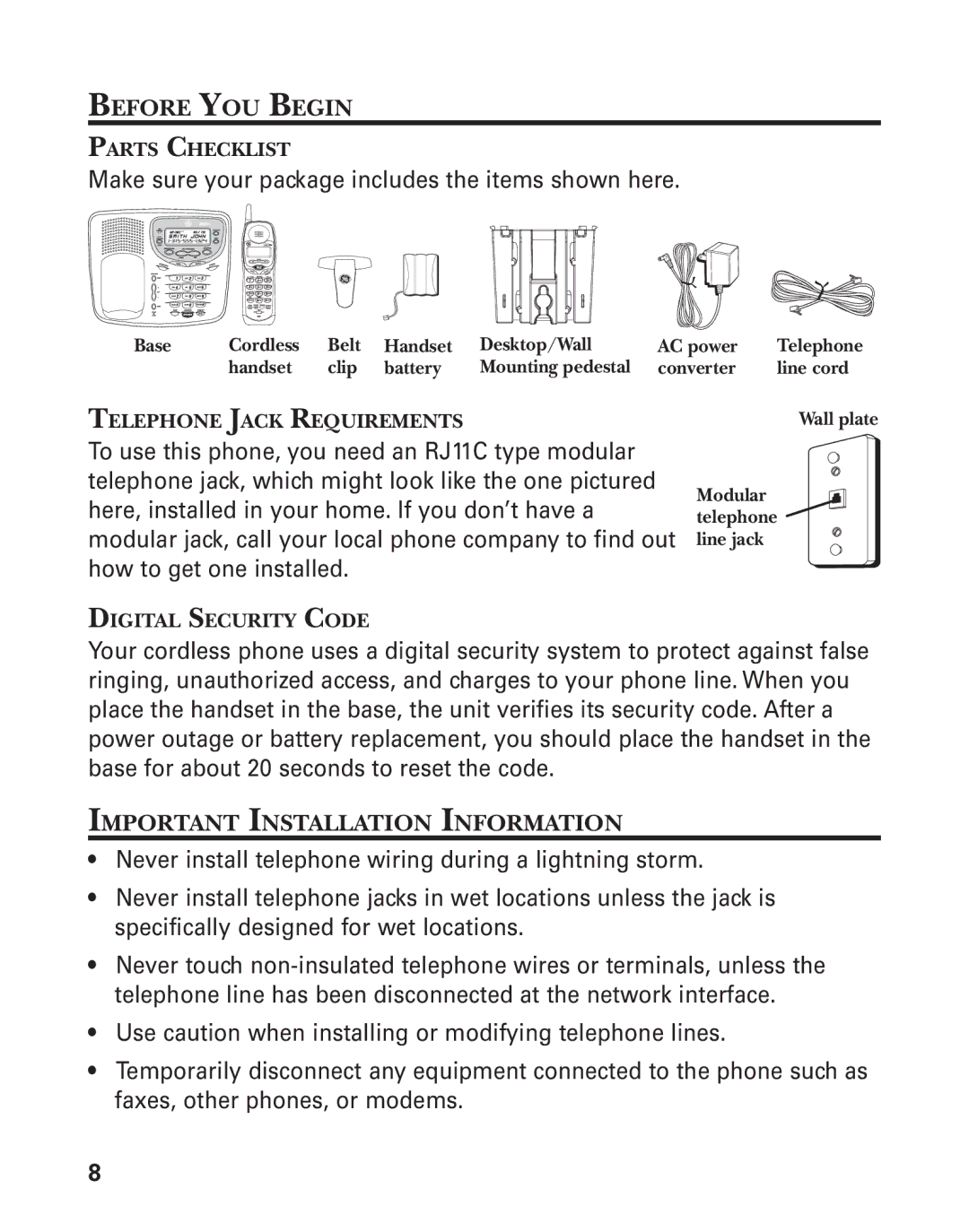 GE 27959 manual Before YOU Begin, Important Installation Information, Parts Checklist, Telephone Jack Requirements 