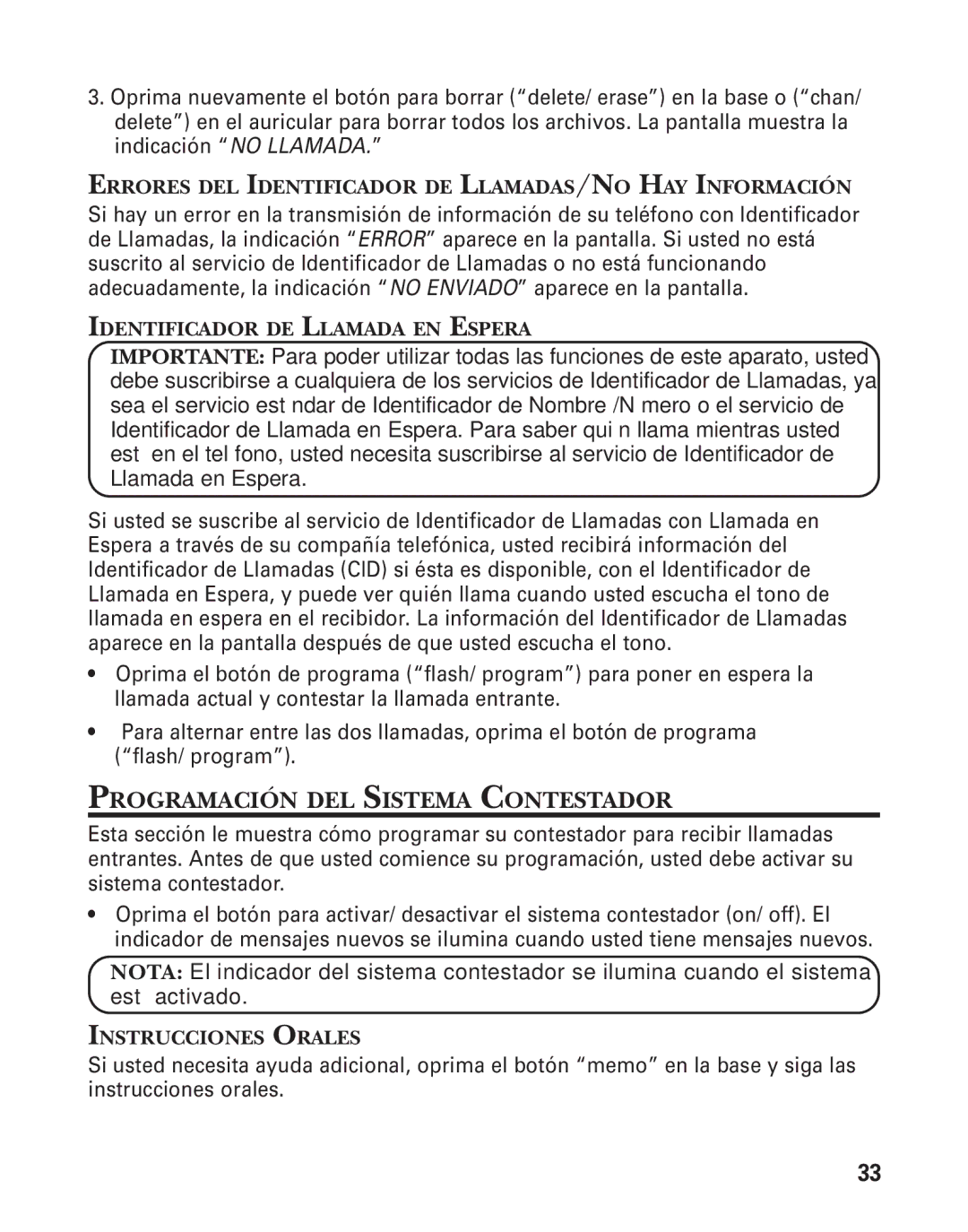 GE 27959 manual Programación DEL Sistema Contestador, Errores DEL Identificador DE LLAMADAS/NO HAY Información 