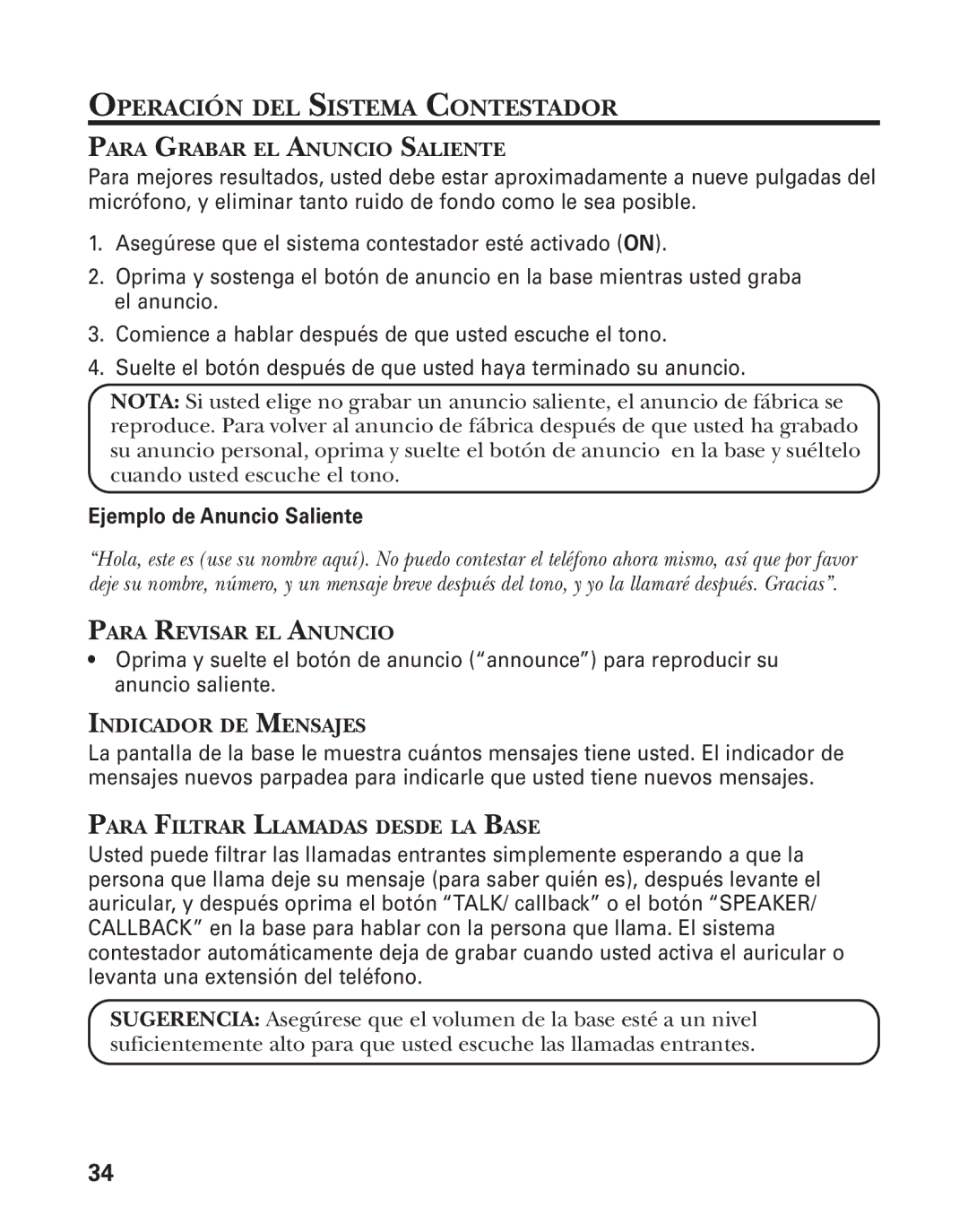 GE 27959 manual Operación DEL Sistema Contestador, Para Grabar EL Anuncio Saliente, Para Revisar EL Anuncio 