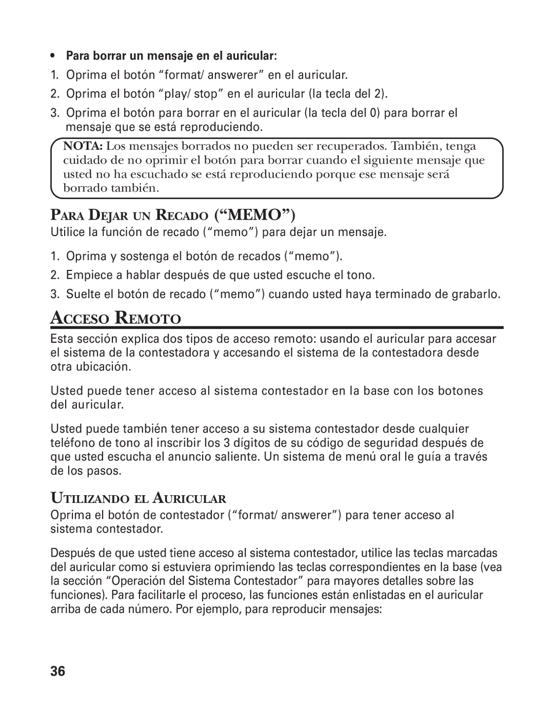 GE 27959 manual Acceso Remoto, Para Dejar UN Recado Memo, Utilizando EL Auricular 