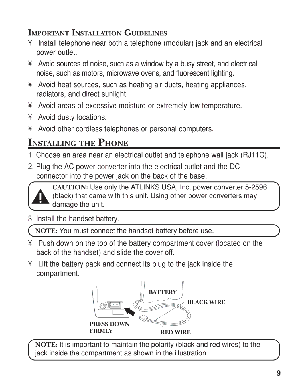 GE 27959 manual Installing the Phone, Important Installation Guidelines, Battery Black Wire Press Down Firmly 