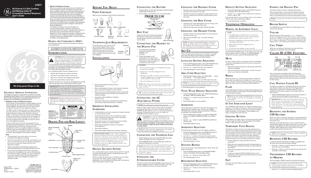 GE 55925250, 27977 installation instructions Introduction, Before YOU Begin, Installation, Set Up, Telephone Operation 