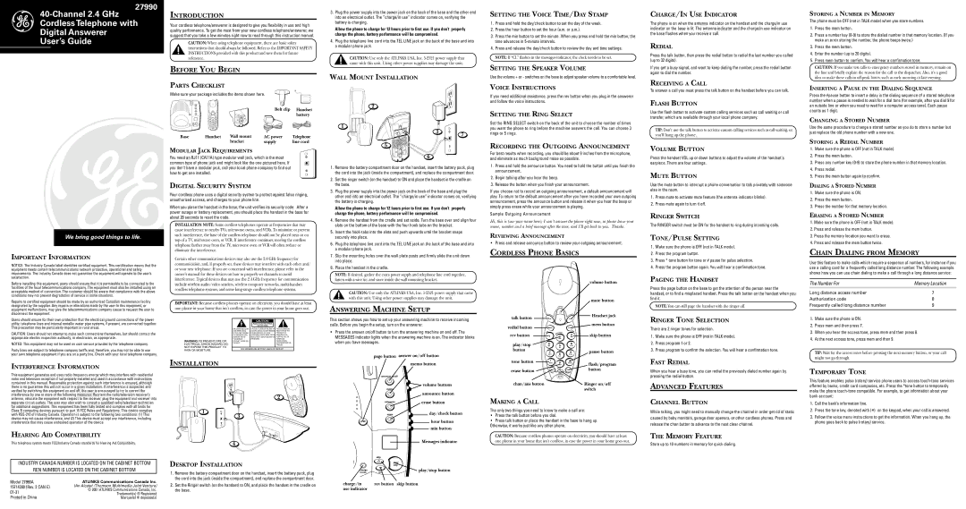 GE 27990 instruction manual Introduction Before YOU Begin, Answering Machine Setup, Cordless Phone Basics, Installation 