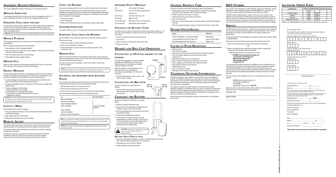 GE 27990 Answering Machine Operation, Headset and Belt Clip Operation, General Product Care, Handset Sound Signals 