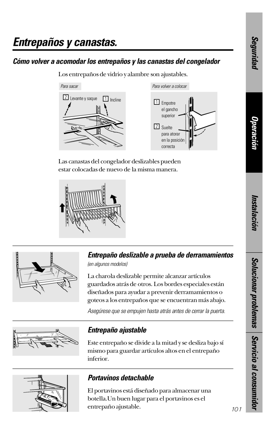 GE 28, 30 Entrepaños y canastas, Entrepaño ajustable, Portavinos detachable, Solucionar problemas Servicio al consumidor 