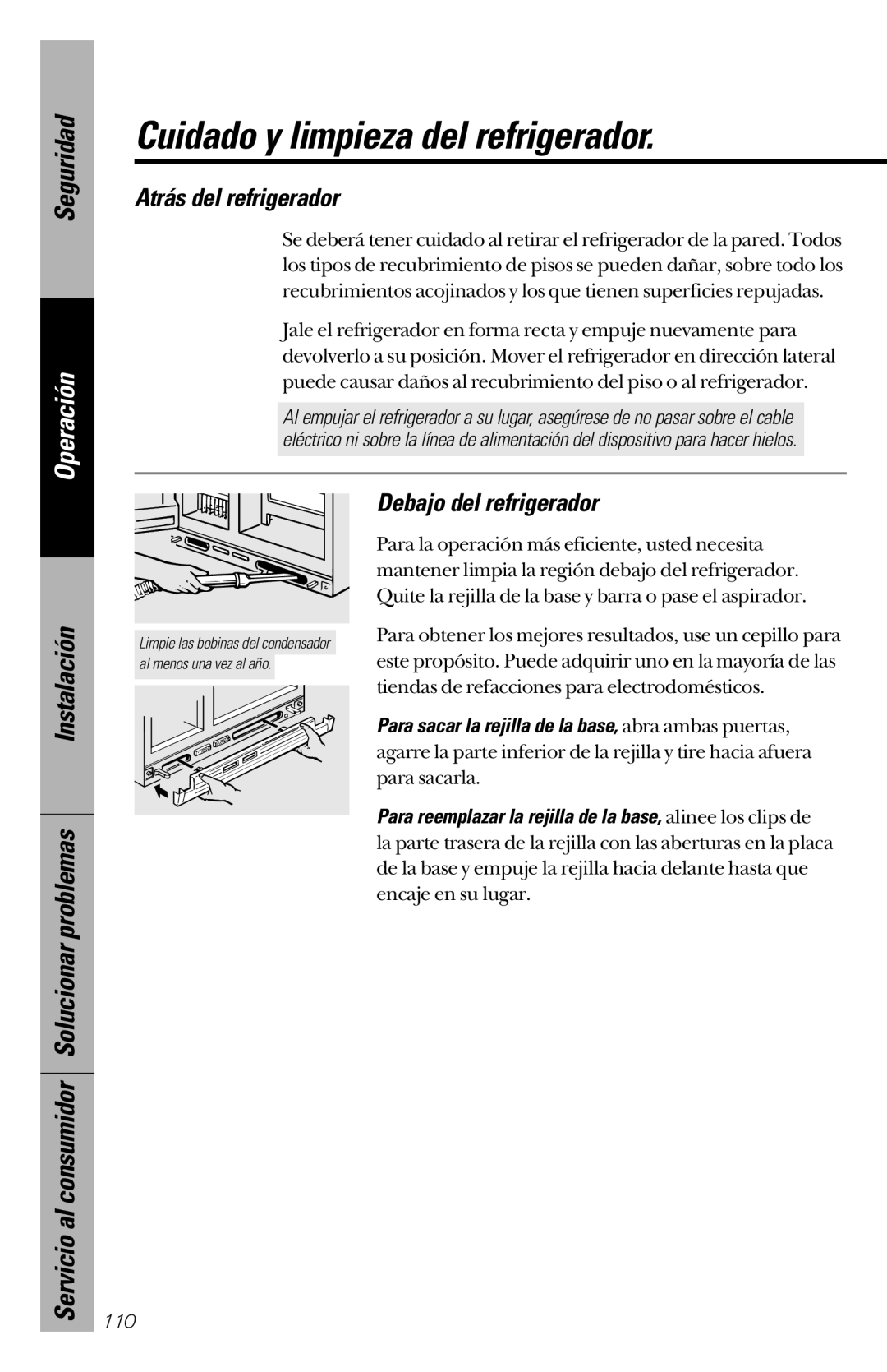 GE 28, 30 owner manual Atrás del refrigerador, Debajo del refrigerador 