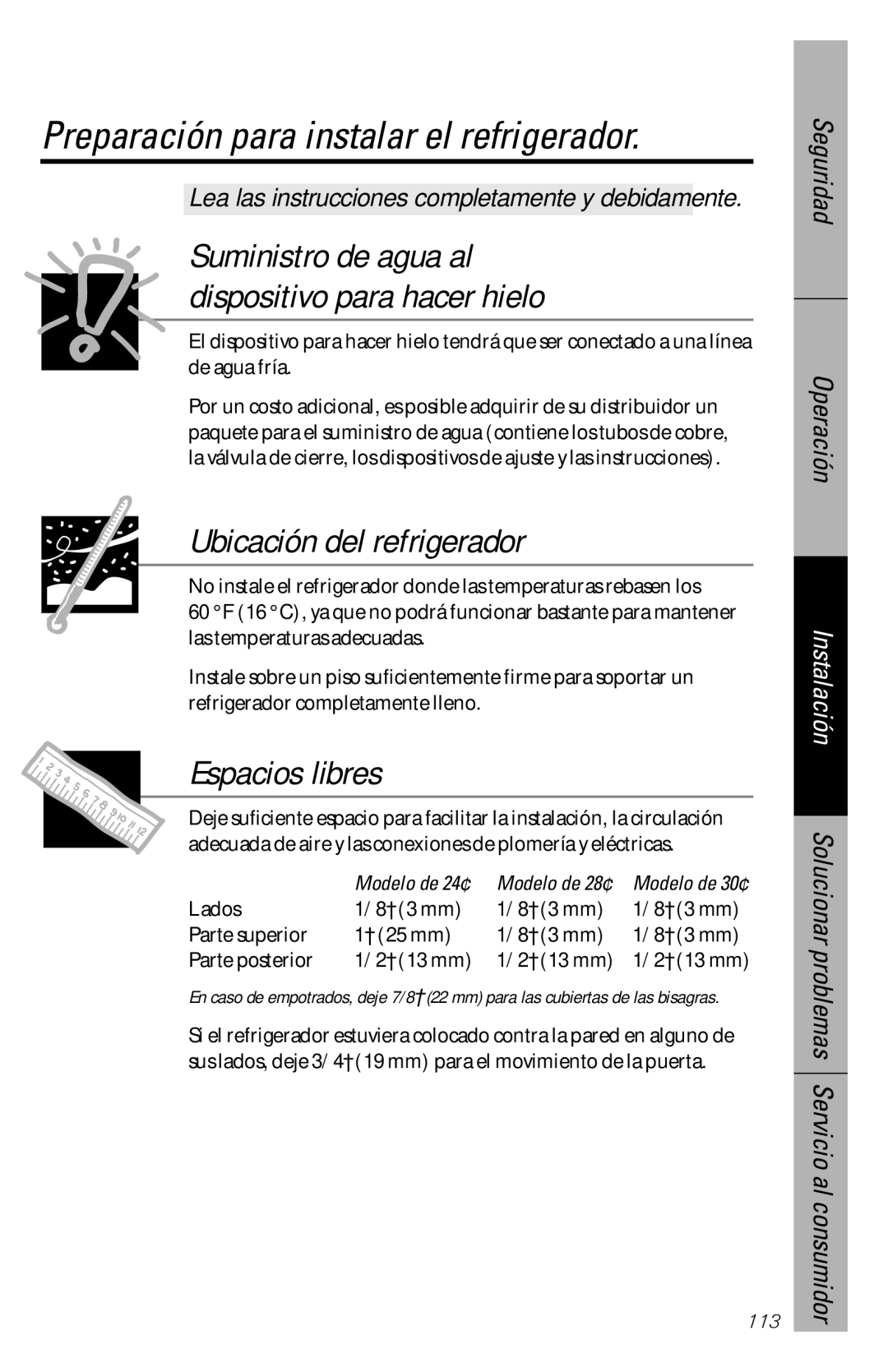 GE 28, 30 owner manual Preparación para instalar el refrigerador, Ubicación del refrigerador, Espacios libres 