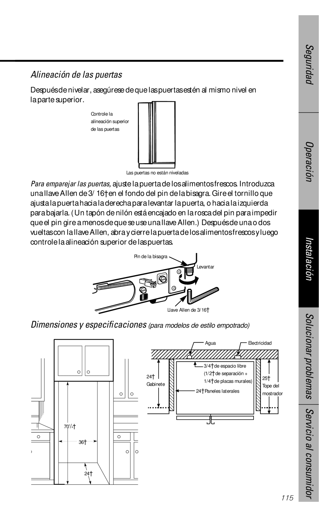 GE 28, 30 owner manual Seguridad Operación, Alineación de las puertas, Problemas Servicio al consumidor 