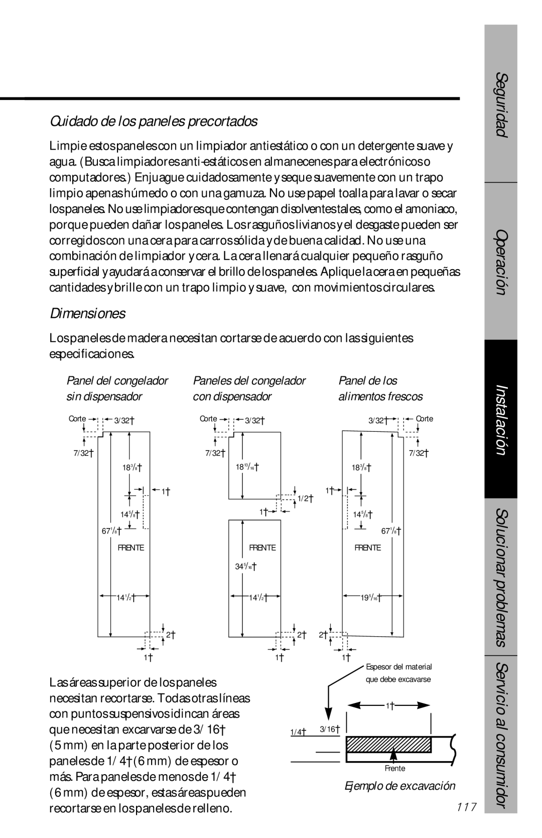 GE 28, 30 Cuidado de los paneles precortados, Dimensiones, Instalación Solucionar problemas Servicio al consumidor 