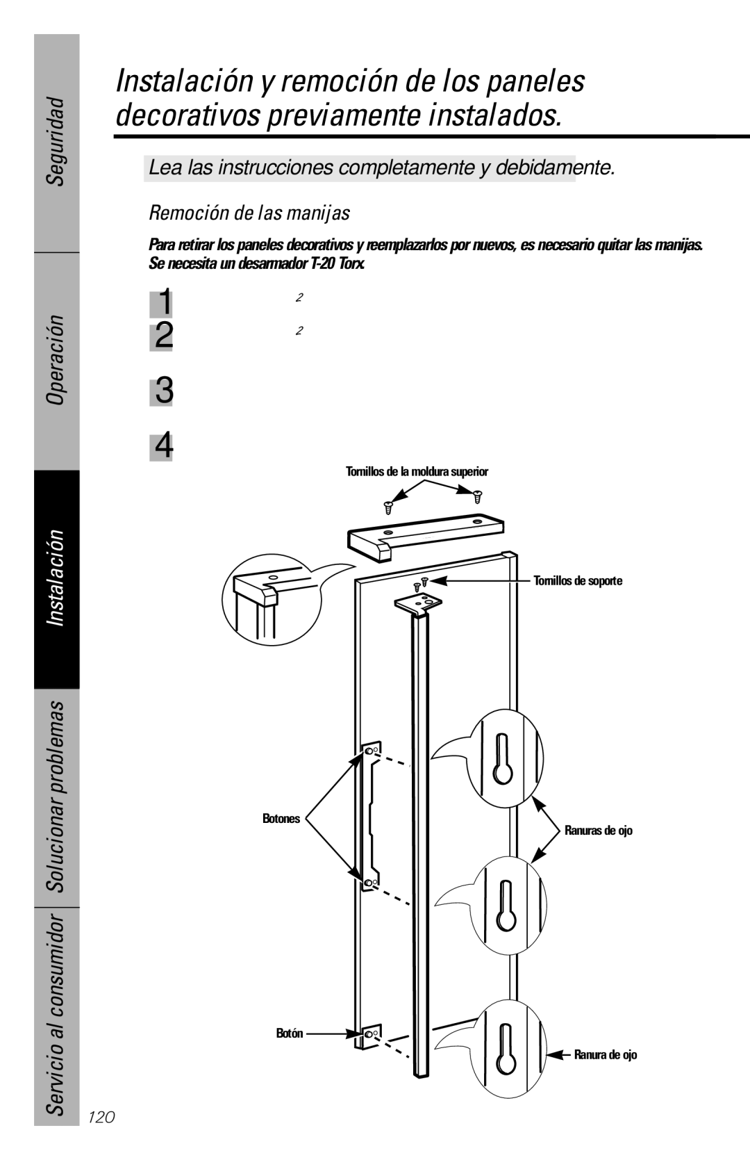 GE 28, 30 owner manual Remoción de las manijas 