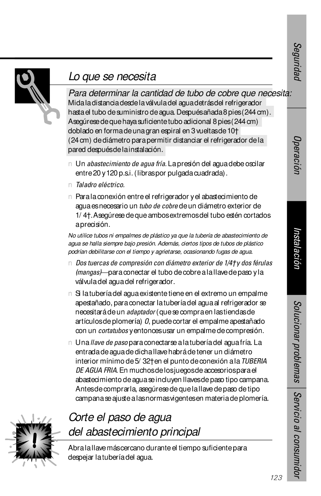 GE 28, 30 owner manual Lo que se necesita, Corte el paso de agua Del abastecimiento principal 