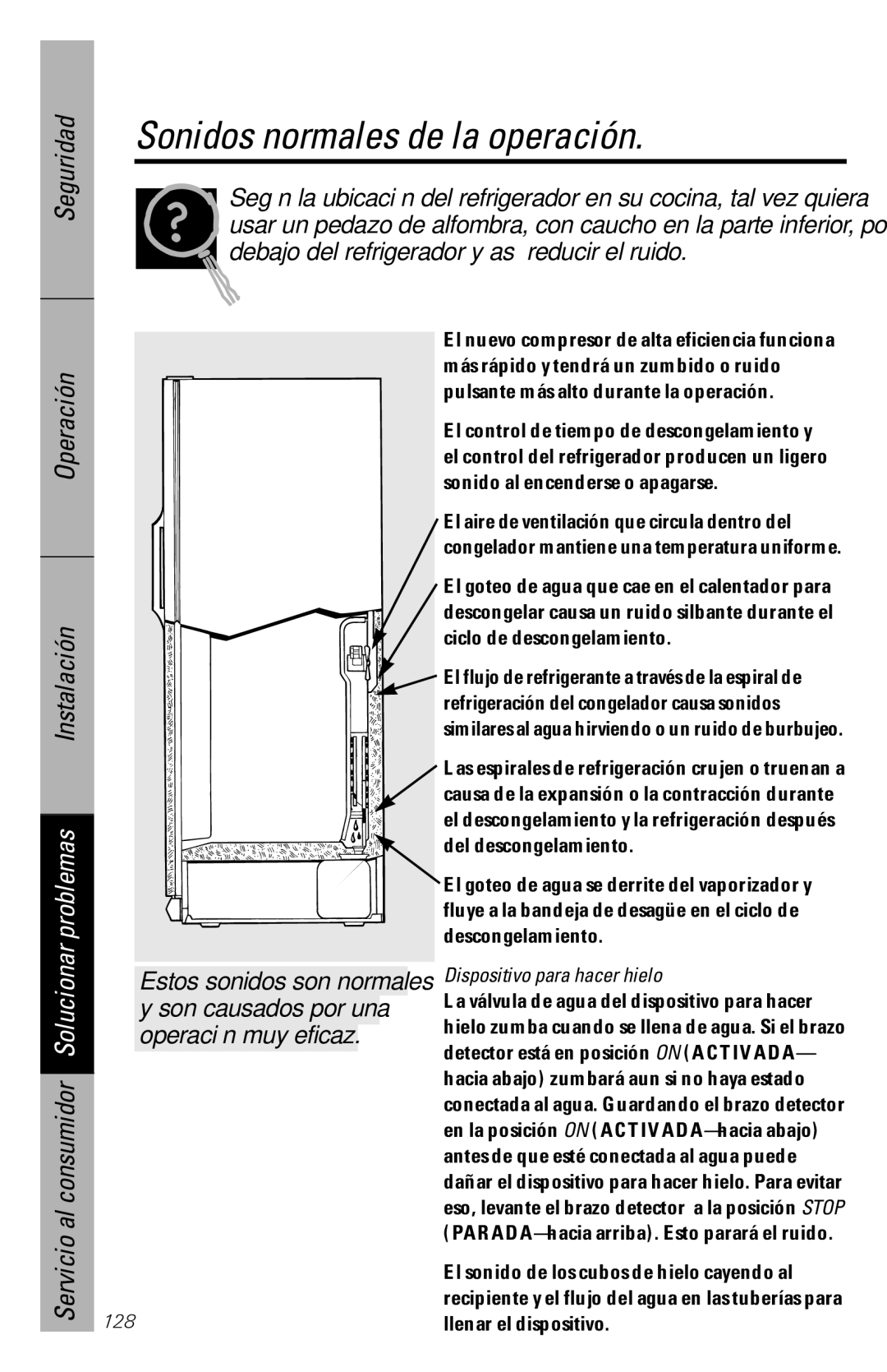 GE 28, 30 Sonidos normales de la operación, Seguridad Operación Problemas Instalación, Servicio al consumidor Solucionar 