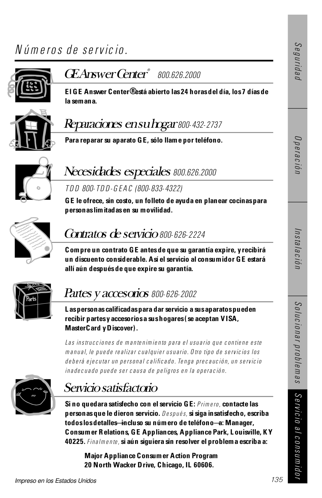 GE 28, 30 owner manual Números de servicio, TDD 800-TDD-GEAC, 135 