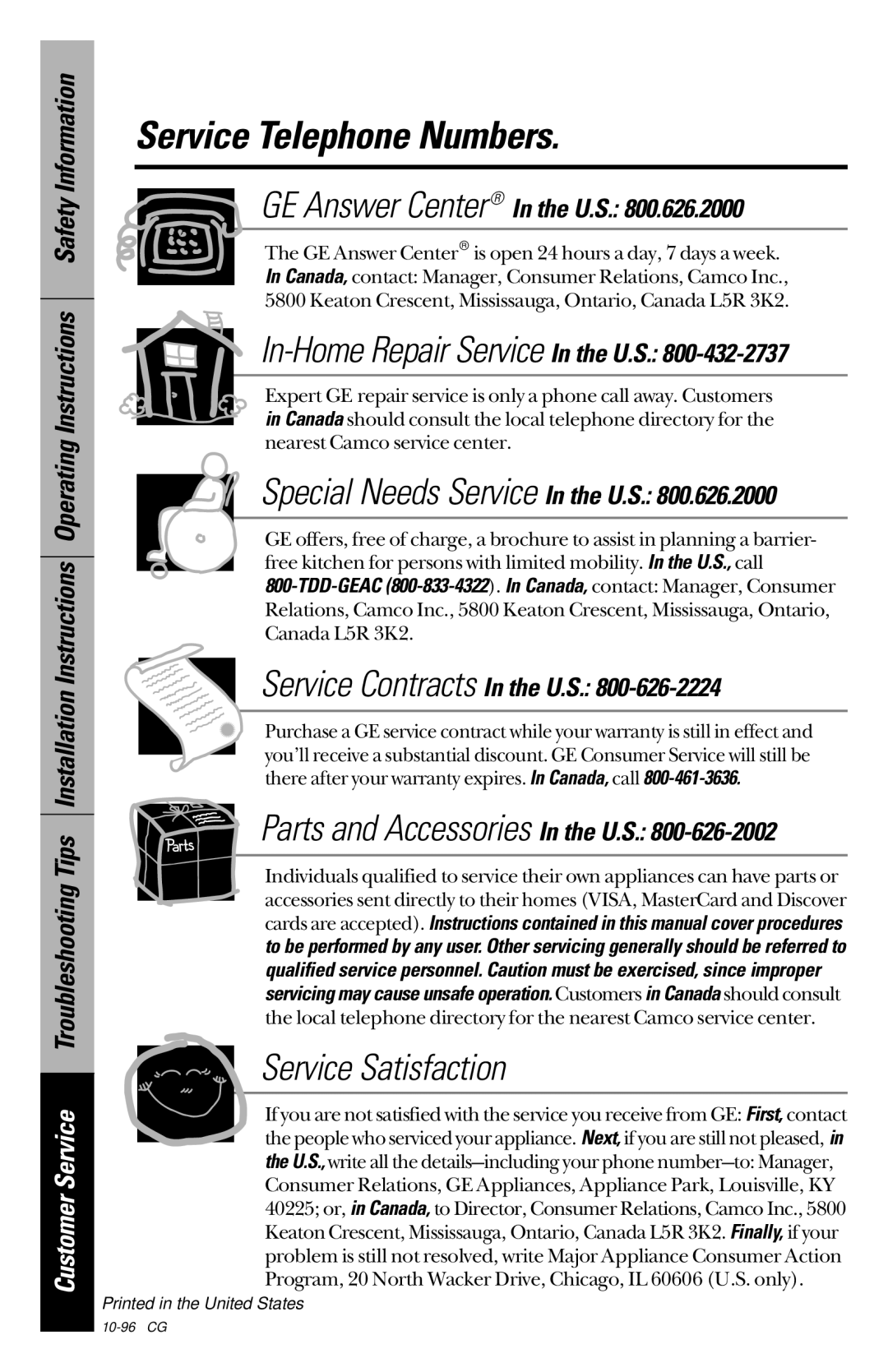 GE 28, 30 owner manual Service Telephone Numbers, GE Answer Center In the U.S, Service Contracts In the U.S 