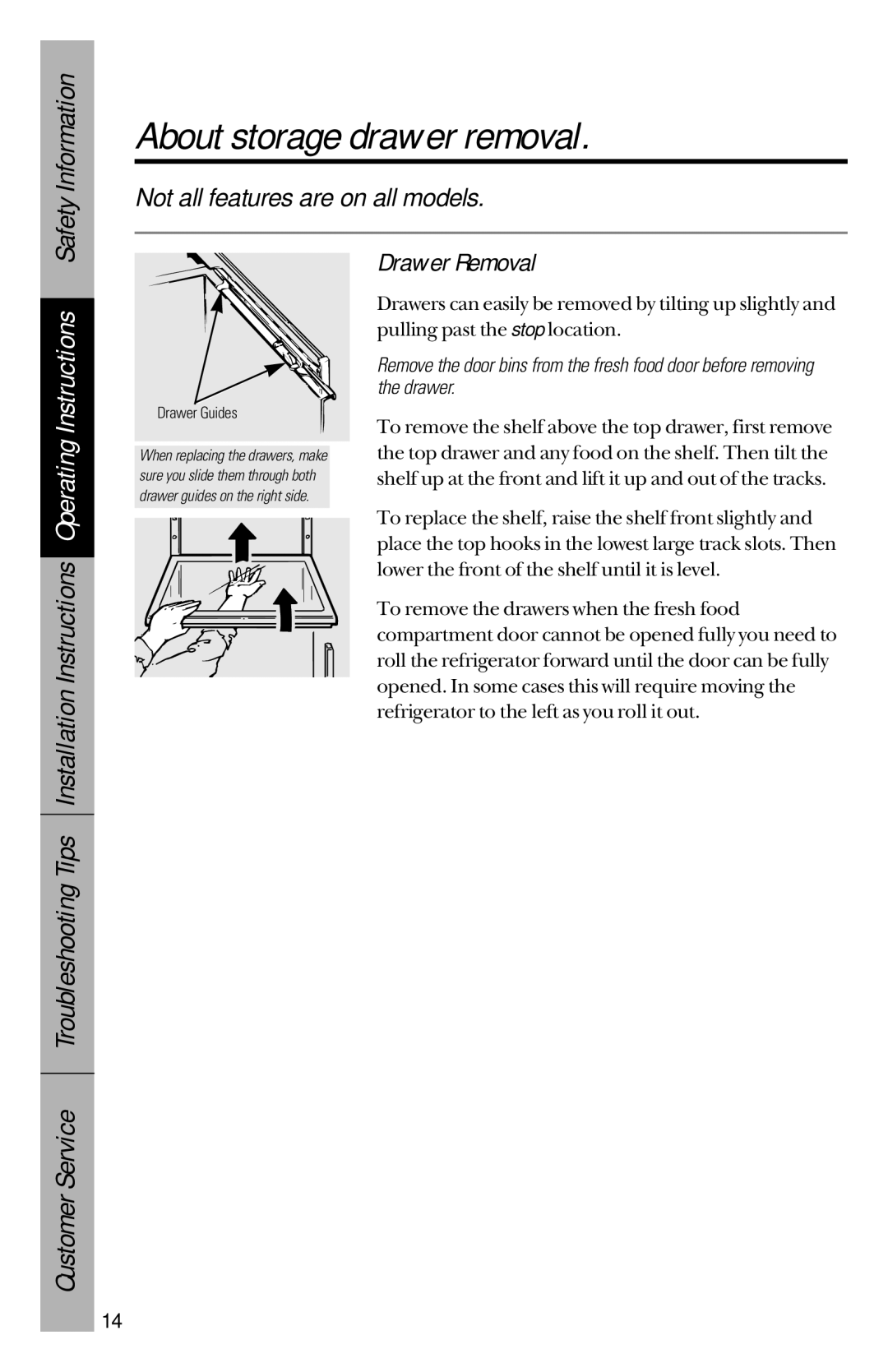 GE 28, 30 owner manual About storage drawer removal, Drawer Removal 